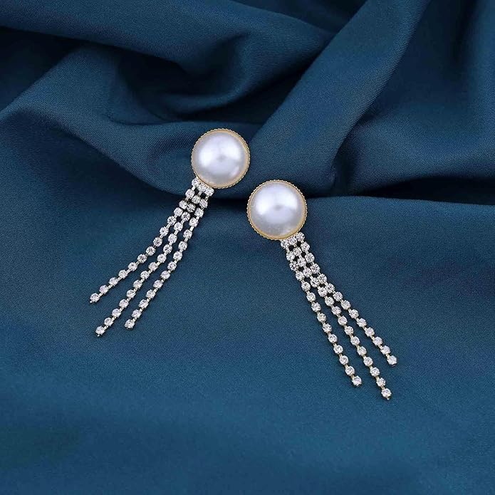 Vintage Crystal Pearl Drop Earrings Cz Bridal Crystal Earrings Long Rhinestone Tassel Earrings Gold Pearl Stud Earrings Jewelry for Women-VivaGrace Women