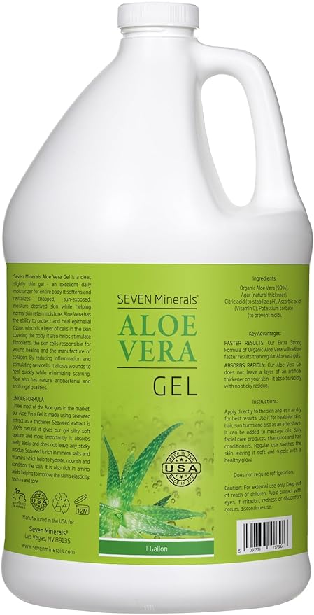 Seven Minerals Organic Aloe Vera Gel from freshly cut 100% Pure Aloe - 1 Gallon - HighestQuality, Texas grown, Vegan, Unscented - For Face, Skin, Hair, Sunburn Relief - Bulk DIY (128 Fl Oz)-VivaGrace Women