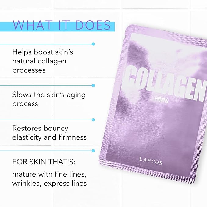 LAPCOS Collagen Sheet Mask, Firming Daily Face Mask with Collagen Peptides for Anti-Aging, Helps to Minimize Wrinkles, Restores Skin Elasticity & Firmness, Korean Beauty Favorite, 5-Pack-VivaGrace Women