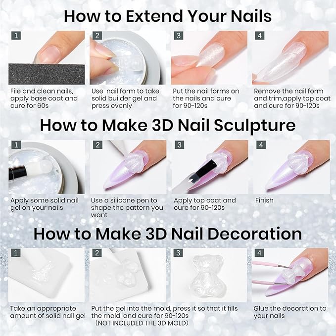 MIZHSE Solid Builder Gel for Nails Kit: 2PCS 30g 3D Pearl White & Clear Hard Gel for Nailswith Nail Forms 3D Silicone Mold Soak off U V LED Builder Gels for Extension Home Manicure-VivaGrace Women