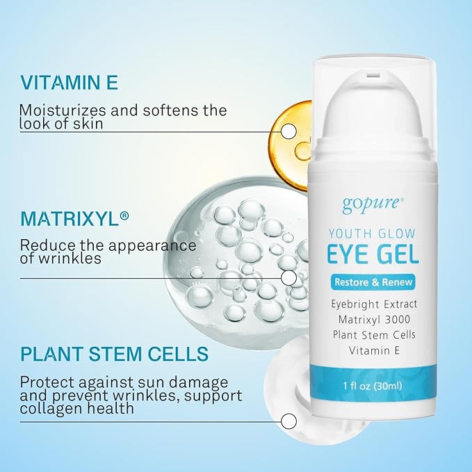 goPure Youth Glow Eye Gel - Anti-Aging Eye Cream that Soothes and Hydrates, Made with Matrixyl 3000 and Hyaluronic Acid for Improve the Look of Puffiness, Dark Circles, and Under Eye Bags - 1 fl oz-VivaGrace Women