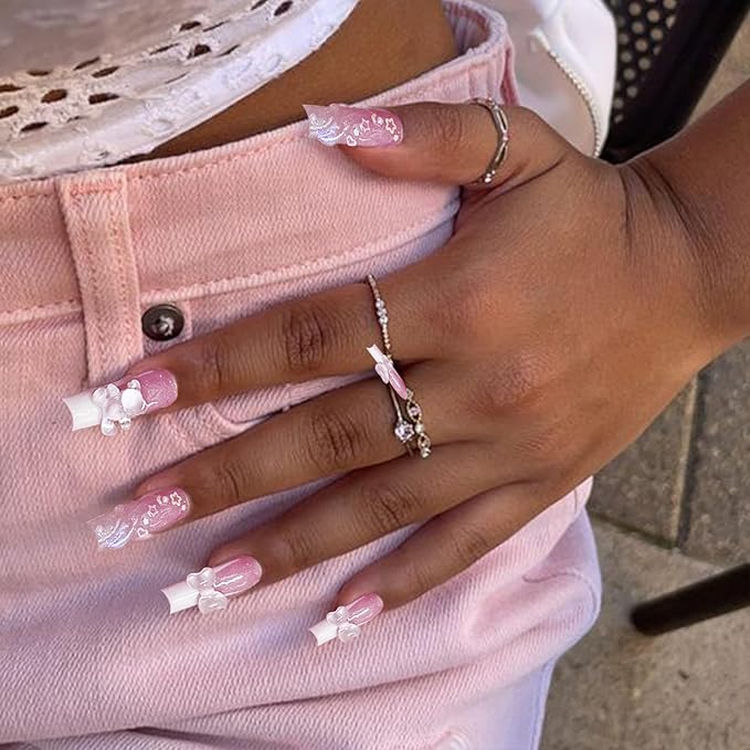 Long Press on Nails French Tip Coffin Fake Nails with Rhinestones Star Designs 3D Cute Bears False Nails Sequins Stick on Nails Glossy Glue on Nails for Women and Girls