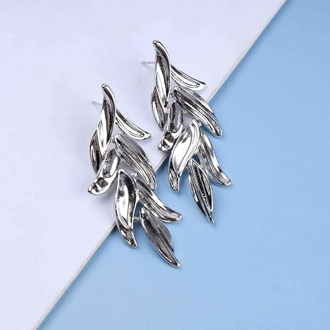 Statement Leaf Dangle Drop Earrings Vintage Silver Leaf Cluster Drop Earrings Punk Large Leaf Dangle Earrings Bridal Earring Wedding Prom Earring Jewelry for Women and Girls-VivaGrace Women
