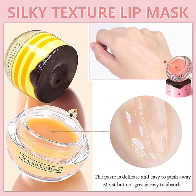 4PCS Bee Lip Balm Honey Pot,Honey Apple Lime Watermelon Lip Mask Overnight Propolis Moisturizing Lip Balm,Nourishing Sleeping Lip Mask Hydrating Prevention Dry & Cracked (4PCS)-VivaGrace Women