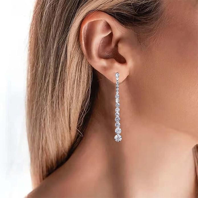 Vintage Rhinestone Chain Drop Earrings Silver Linear Crystal Earrings Sparkle Cz Tassel Earrings Long Cz Chain Stud Earrings Jewelry for Women and Girls-VivaGrace Women