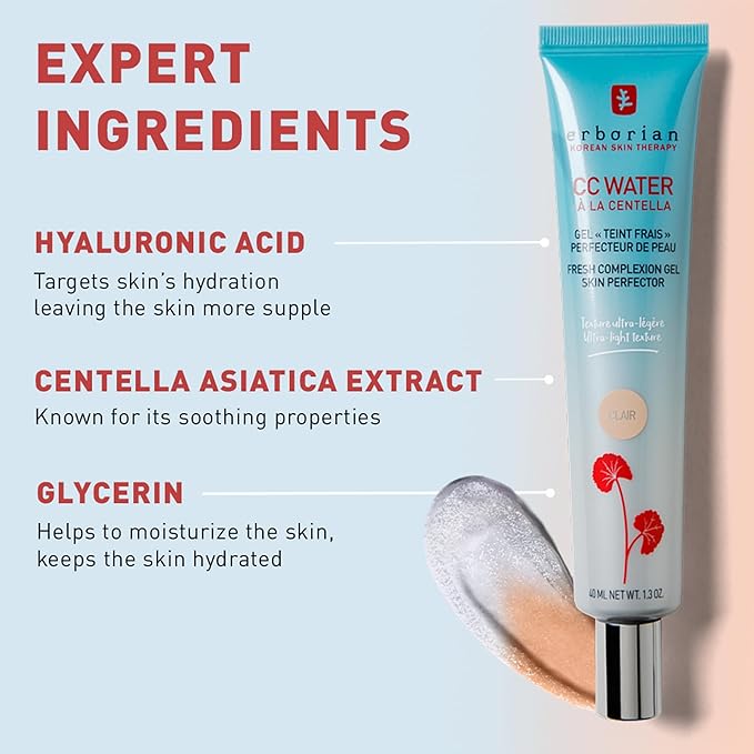 Erborian CC Water with Hyaluronic Acid, Doré - Ultra-Light Aqua Gel Color Corrector with Centella Asiatica & Hyaluronic Acid - Plump, Softer & Hydrated Skin - Korean Skincare Skin Perfector - 1.3 Oz-VivaGrace Women