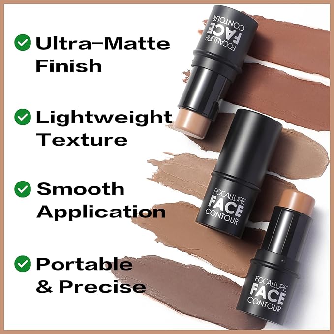 FOCALLURE Cream Contour Stick, Matte Bronzer Stick, Professional Face Shaping & Contouring Stick Makeup, Easy to Apply with Buildable Coverage, Long Lasting & Sweatproof, HICKORY-VivaGrace Women