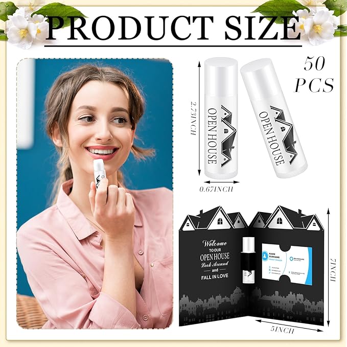 50 Pcs Open House Lip Balm with Cards Real Estate Agent Supplies Lip Moisturizer Moisturizing Lip Balm Bulk Moisturizing Lip Balm Stick for Open House Business Advertising Events-VivaGrace Women
