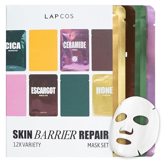 LAPCOS Skin Barrier Repair Sheet Mask Variety Pack – Escargot, Cica, Ceramide, Honey 4 Types of Face Mask Set – Daily Korean Skin Care w/Snail Mucin, Centella Asiatica & Niacinamide (12 ea)-VivaGrace Women