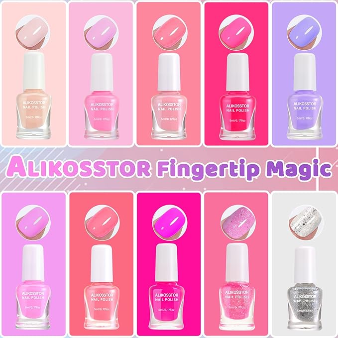 Kids Nail Polish Set - Non-Toxic, 10 Pink Colors, Quick Dry Peel Off Water Based Nail Polish Toys Kit for Toddler to Teen