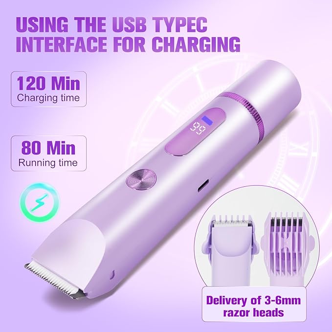 Bikini Trimmer for Women Electric Razors for Women Women's Electric Razor 2 in 1 Shaver Pubic Hair Trimmer Ipx7 Waterproof Wet Dry Use Bikini Shaver for Ladies Pubic, Legs, Face, Underarms (Purple)-VivaGrace Women