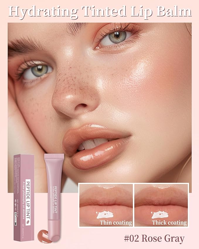 Tinted Lip Balm-1Pcs Rose Gray Peptide Hydrating Lip Tint Moisturizer,Jelly Glossier Lip Treatment Balm,Non-Stick Lip Care Glow Reviver Lip Oil, Yummy Glowy Lip Gloss, Thanksgiving Makeup for Women-02-VivaGrace Women