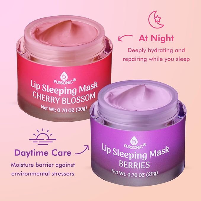 PURSONIC Lip Mask Overnight for Ultimate Lip Care - Hydrating Lip Moisturizer for Plump Lips Infused with Double Flavor Cherry Blossom and Berries - 2 Packs-VivaGrace Women