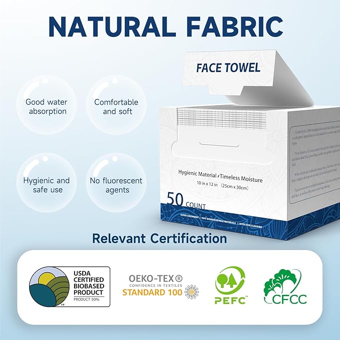 Face Towels, 10” x 12”, Thick Soft and Absorbent, Face Towelettes Disposable Biodegradable for Sensitive Skin, Makeup Remover, Travel, Cleansing, 150 Count( 3 Pack )