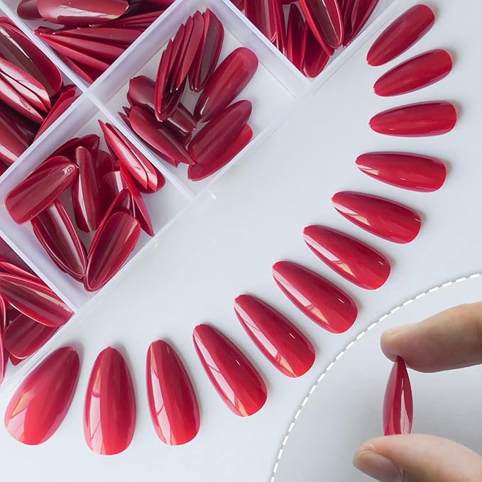 LoveOurHome 240pc Christmas Almond Press on Nails Medium Fake Nail Tips Burgundy Acrylic Nails Press ons Nail Almond Glue on Nail Short Stiletto Fingernail & Glue Adhesive Tabs for Women Girls Kids
