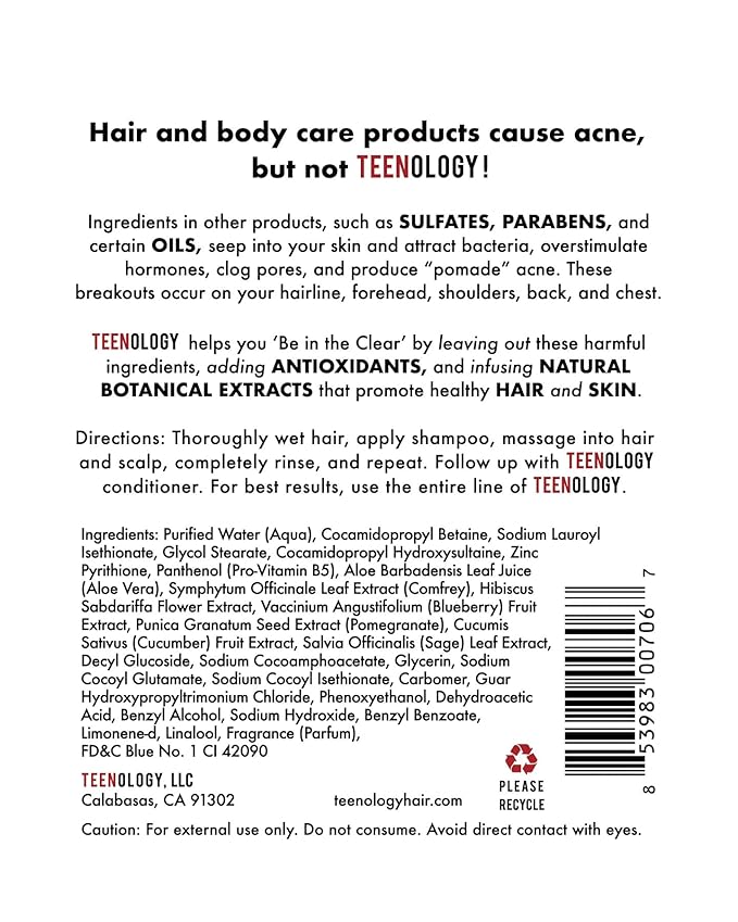 Teenology Shampoo for Teens - Avoid Forehead and Body Breakouts - No Sulfates or Parabens, Noncomedogenic, Natural Botanical Extracts, 16 oz. (Blueberry Pomegranate Cucumber)-VivaGrace Women