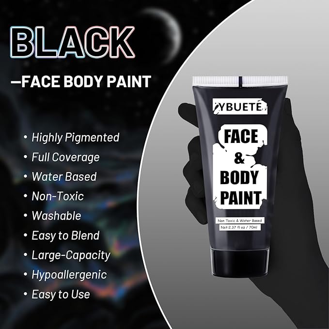 Black Water Based Face Body Paint, 2.37 OZ Large Tube Full Coverage Washable Face Paint Cream for Adult Carnival Cosplay Halloween SFX Skull Joker Zombie Vampire Skeleton Goth Makeup-VivaGrace Women