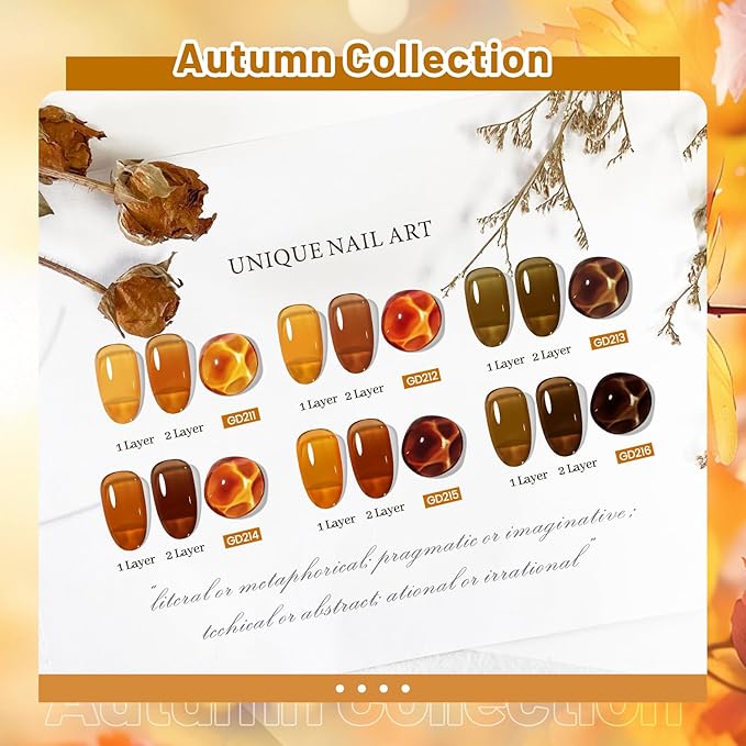 JODSONE 6 Colors Gel Nail Polish Set Fall Collection Jelly Effect Soak Off Need U V LED Gel Polish Set Autumn Mauve Brown RedSalon-Quality DlY Home Manicure-VivaGrace Women