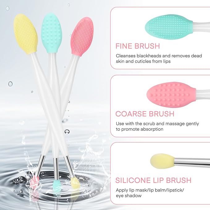 Unaone Lip Scrub Brush - 3 PCS Dual-ended Lip Scrubber Exfoliator and Silicone Lip Brush, 2-in-1 Silicone Lip Scrub Tool Lip Mask Applicator, Gentle Exfoliator & Applicator for Soft-VivaGrace Women