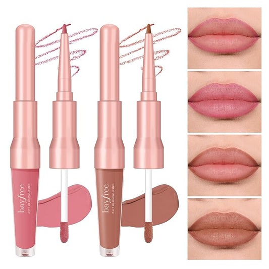 2 PCS Lip Liner and Lip Stain Combo Set, High Pigmented Long Lasting Velvet Lip Tint, Well-Defined Lipliner, Weightless Waterproof Not Animal Tested, Matte Finish Makeup-VivaGrace Women