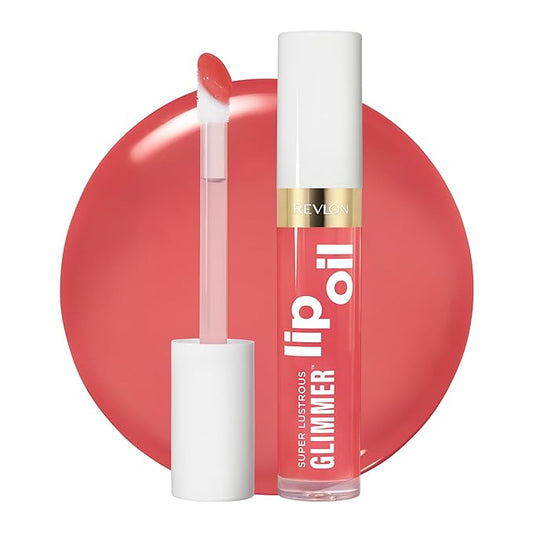 REVLON Super Lustrous Glimmer Lip Oil, Moisturizing & Tinted, Shiny Finish, Made with Plant-Based Squalane, 007 Posh Peach, 0.13 fl oz-VivaGrace Women