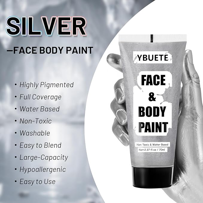 Sliver Water Based Face Body Paint, 2.37 OZ Large Tube Full Coverage Face Paint for Skull Goth Cosplay, Washable Metallic Silver Body Painting Cream for Adult Carnival Halloween SFX Makeup-VivaGrace Women
