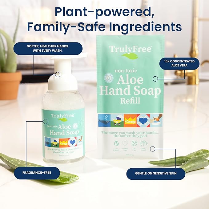 Aloe Unscented Hand Soap - 10x Concentrated Aloe Vera, Non-Drying Gentle Cleanser - Bathroom Hand Soap - 1 Empty Bottle with Foaming Dispenser Pump + 2 Moisturizing Hand Soap Refill Pouches