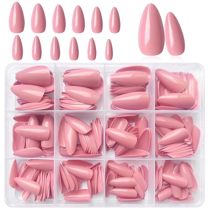 LoveOurHome 240pc Almond Press on Nails Medium Fake Nail Tips Colored Acrylic Nails Press ons Nail Almond Pink Glue Nail Short Stiltto Artificial Fingernail & Glue Adhesive Tabs for Women Girls Kids