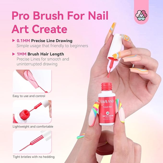 SAVILAND Nail Gel - 36 Colors Liner Set With Art Brushes, Soak Off Pen, Pink Polish for Salon DIY At Home, Beginner-Friendly Manicure Kit