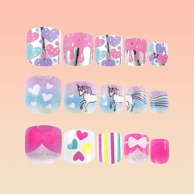Kids Press on Nails Children Fake Nails 72PCS Artificial Nail Tips Adhesive Full Cover Short False Fingernails for Girls Kids Nail Decoration (Bow Tie Heart Unicorn)