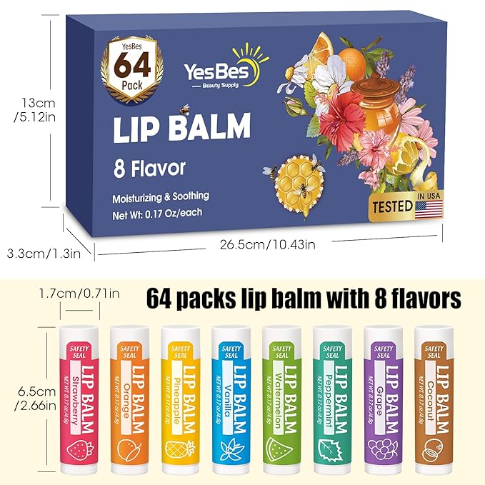 64 Pack Lip Balm, Natural Lip Balm Bulk with Vitamin E and Coconut Oil, Moisturizing Lip Balm for Dry Cracked Lips, Lip Balm for Stocking Stuffers - 8 Flavors-VivaGrace Women