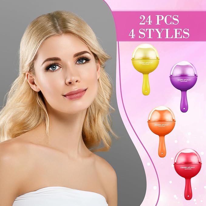 24 Pcs Lollipop Lip Balm Bulk Lip Balm Cherry Grape Orange Honey Taste Lip Balm Lip Care Gift for Women Soothing Moisturizing Lip Balms for Dry Chapped Lips Office Business Favors-VivaGrace Women