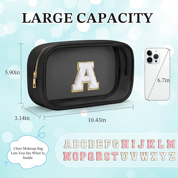YOOLIFE Initial Travel Makeup Bag Pouch, Clear Toiletry Bag for Women Travel Accessories Cosmetic Bag Skin Care for Teen Make Up Bags Birthday Gifts for Women Unique Teacher Mom Friends Gifts Black N-VivaGrace Women