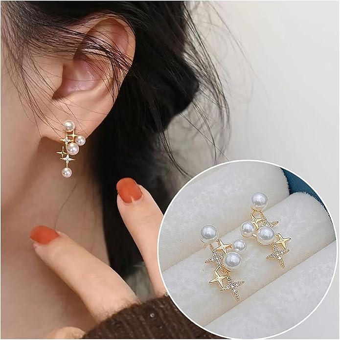 Vintage Pearl Star Earrings Rhinestone Pearl Drop Earrings Gold Crystal North Star Earrings Cz Northstar Studs Earrings Jewelry for Women-VivaGrace Women