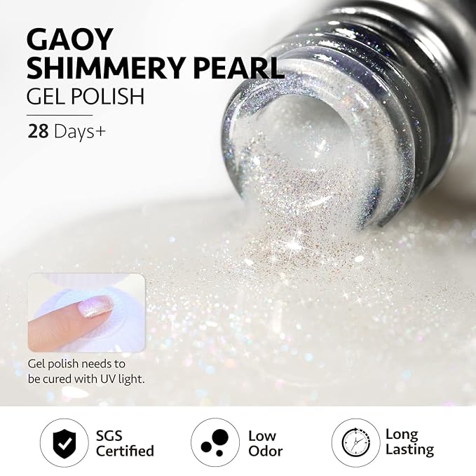 GAOY Shimmer Gel Nail Polish, 16ml Translucent Jelly Glitter Gel Polish, Soak Off UV Gel for Nail Art DIY at Home, 1608 Pearl White