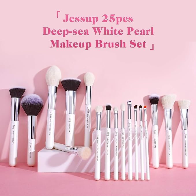 Jessup Brand 25pcs Professional Makeup Brush Set Beauty Cosmetic Foundation Powder Blusher Eyeshadow Blending Highlight Concealer Natural-Synthetic Hair Brushes Set (Pearl White/Silver)-VivaGrace Women