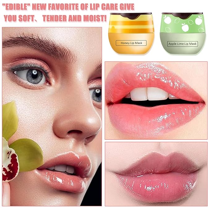 3 Pcs Bee Lip Balm Honey Pot,Strawberry&Honey&Apple Lime Lip Sleeping Mask Hydrating Prevention Dry and Cracked Lip Scrubs Exfoliator Lip Care,Lip Mask Overnight Reduces Lip Lines-VivaGrace Women