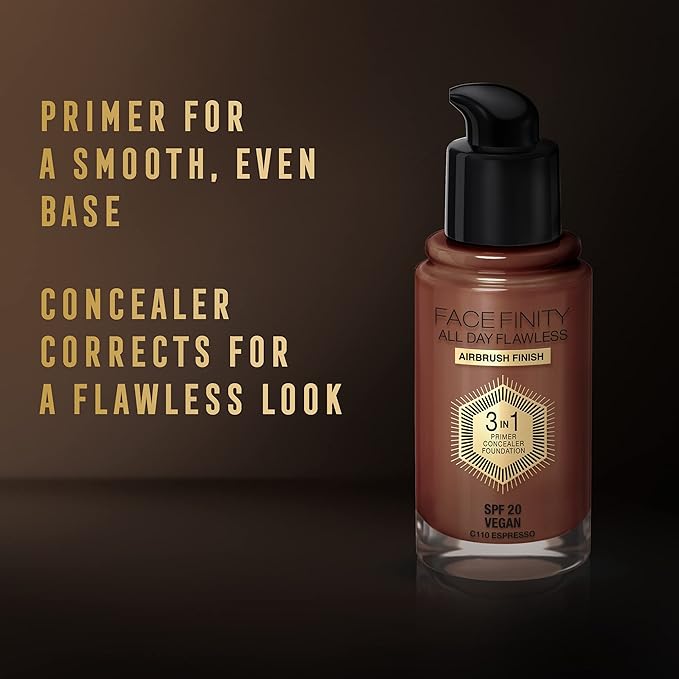 Max Factor Facefinity 3-in-1 All Day Flawless Liquid Foundation, SPF 20-110 Espresso, 30 ml-VivaGrace Women
