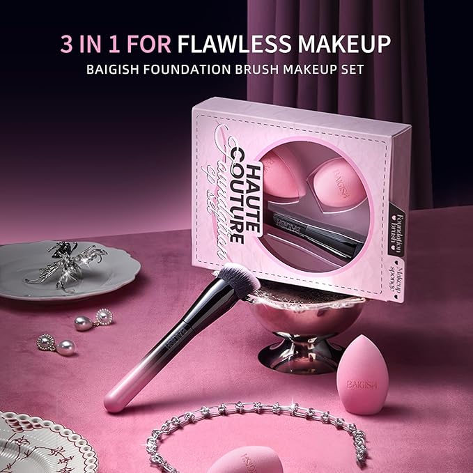 Makeup Brush Set, Flat Top Kabuki Brush Premium Foundation Brush for Liquid, Cream, and Powder with 2 Makeup Sponge for Foundation, Powder, Blush, and Concealer-VivaGrace Women