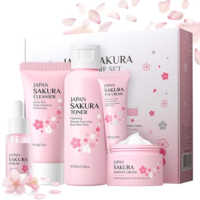 Sakura Skin Care Set, Women Gift Sets, Skin Care Kit with Cleanser, Toner, Serum, Eye Cream, Face Cream, Skin Care Routine Kit for Women, Even Skin Tone, Tighten & Firm Skin-VivaGrace Women