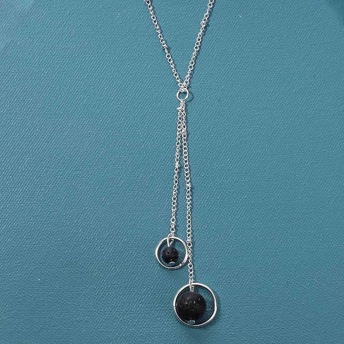 Boho Lava Stone Necklace Chain Silver Layered Chain Y Necklace Lava Bead Lariat Necklace Anxiety Essential Oil Diffuser Necklace Jewelry for Women-VivaGrace Women