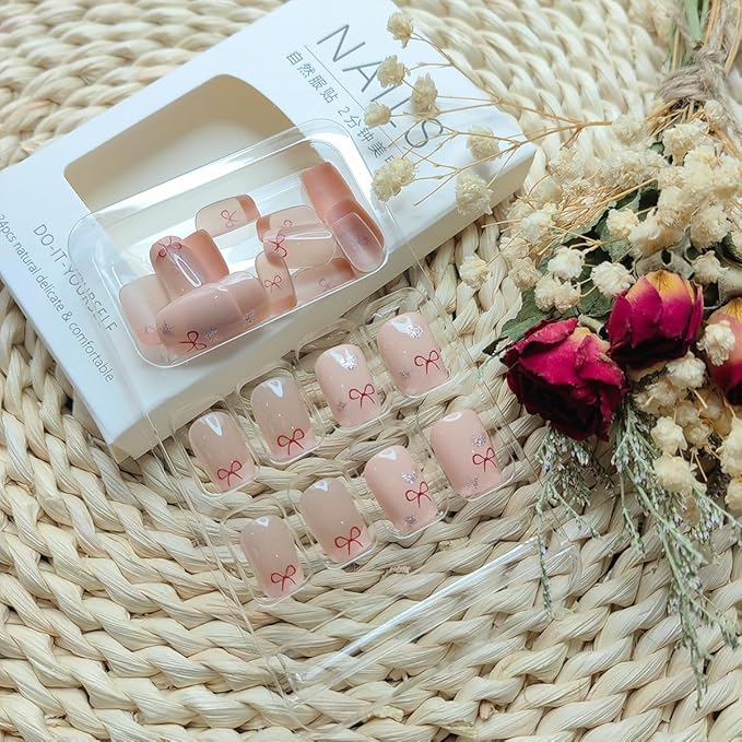 24pcs Pink Press-on Nails: Short Square Glitter Heart Stars Design, French Tip, Reusable Acrylic Nails for Women