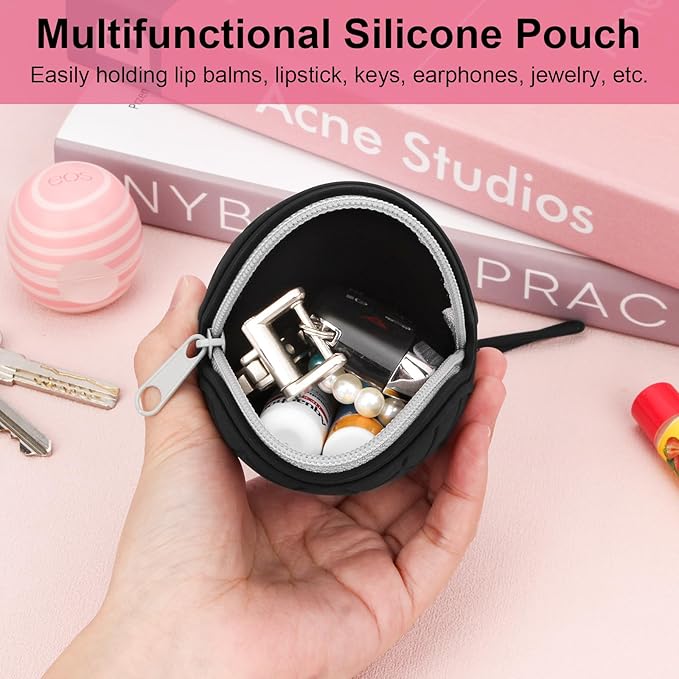 Desing Wish Silicone Lip Balm Holder with Silicone Zipper Pouch, Portable Lip Balm Keychain Sleeve - Silicone Storage Bag for Lip Balms/Small Cosmetics/Earphones/Keys - Black-VivaGrace Women
