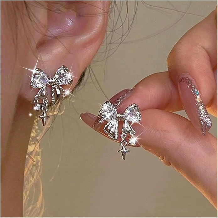 Vintage Crystal Bow Earrings Black Onyx Stud Earrings Silver Tiny Cross Drop Earrings Sparkly Cz Rhinestone Bow Earrings Jewelry for Women-VivaGrace Women