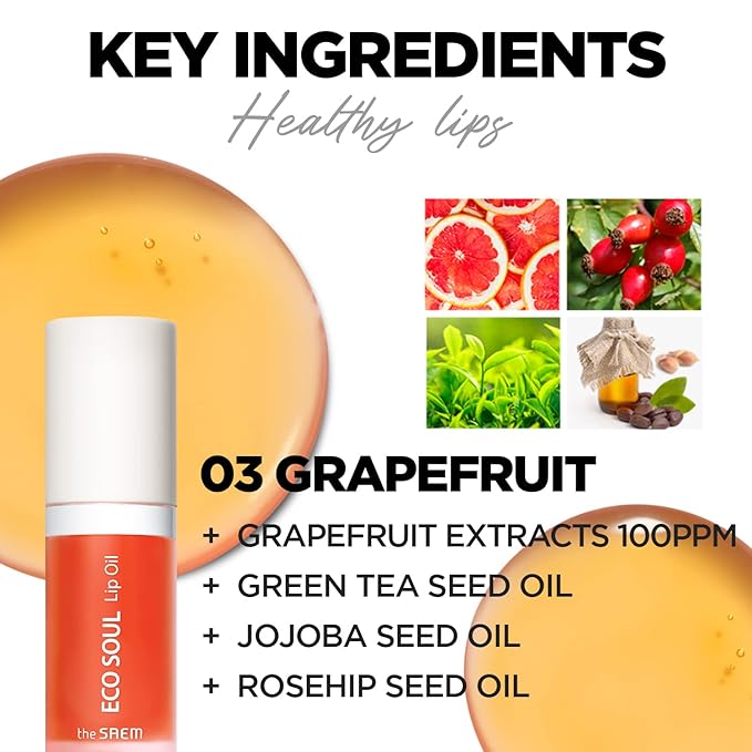 THESAEM Eco Soul Lip Oil 3 Combo Set (01 Honey + 02 Berry + 03 Grapefruit) - Plumping & Hydrating Lip Oil to Nourish & Moisturize Lips - Lips Soft & Glossy for Dry Lips, 0.21 fl.oz.-VivaGrace Women