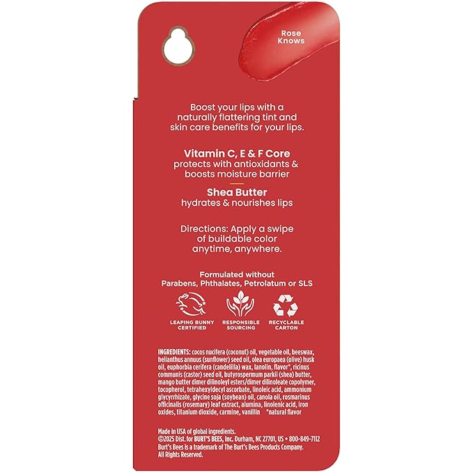 Burt’s Bees Back To School Dorm Essentials, Tinted Boosted Balm, Rose Knows, Hydrating Tinted Lip Balm with Vitamin C, E, and F Core, 24 Hour Lip Moisturizer, 100% Natural Origin, 1 Count, 0.16oz-VivaGrace Women