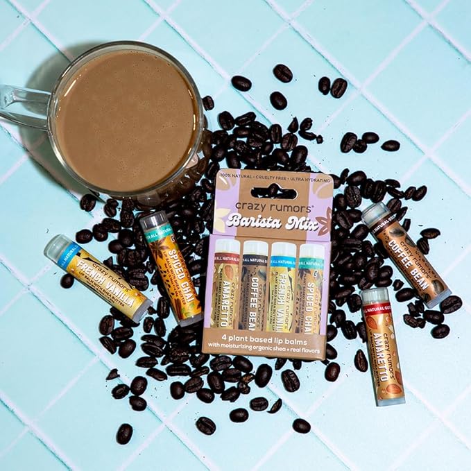 Crazy Rumors Barista Mix Lip Balm 4-Pack Mix (Amaretto, French Vanilla, Coffee Bean & Spiced Chai) 100% Natural, Vegan, Plant-Based, Made in USA-VivaGrace Women