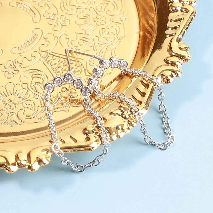 Boho Rhinestone Circle Studs Earrings Silver Cz Hoop Drop Earrings Circle Tassel Dangle Earrings Drop Chain Earrings Jewelry for Women and Girls Gifts-VivaGrace Women