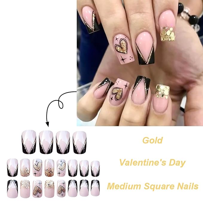 Valentine Day Press on Nails French Fake Nails Medium Square False Nails with Gold Glitter Heart Designs Valentine Nail Press ons Sparkly Artificial Nails Cute Stick on Nails for Women 24Pcs