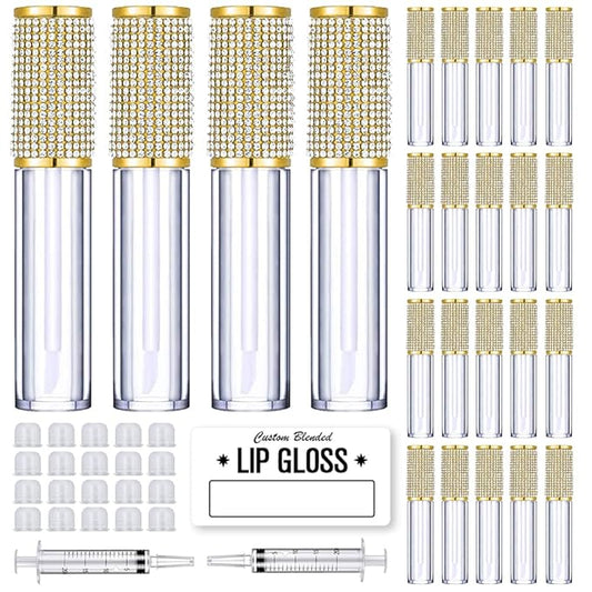 AMORIX 24 Pack Gold Crystal Lip Gloss Tubes with Wand 5ml Empty Lip Gloss Containers Lipgloss Bottles with Stoppers 2pcs Syringes + Labels for DIY Lip Gloss Balm-VivaGrace Women